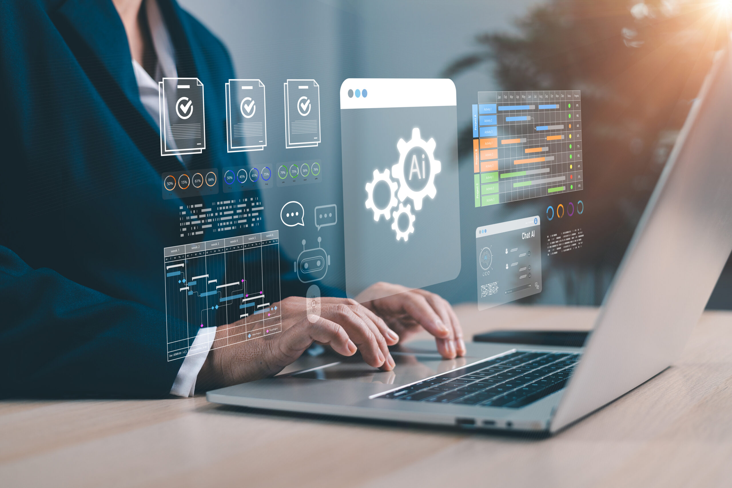 Businesswoman using AI technology for project management, workflow automation and data analytics on laptop. Modern artificial intelligence solutions for corporate digital transformation. AI project